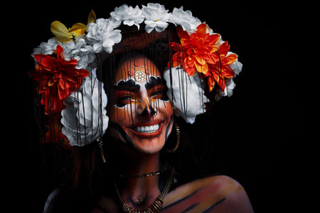 Real photo of woman with Santa Muerte Halloween make upの写真素材