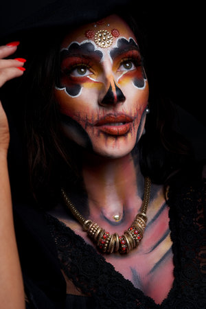 Real photo of woman with Santa Muerte Halloween make upの写真素材