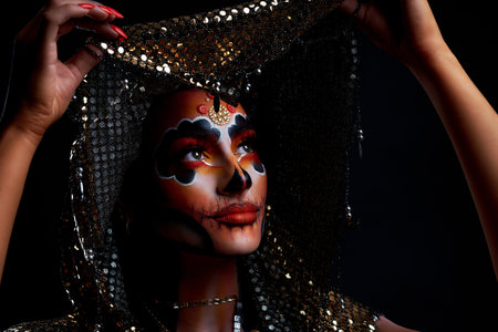Real photo of woman with Santa Muerte Halloween make upの写真素材
