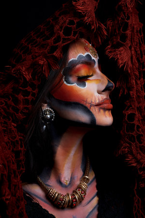 Real photo of woman with Santa Muerte Halloween make upの写真素材