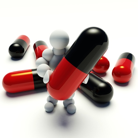3d man holding capsules in her hand on a white backgroundの写真素材