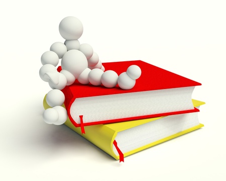 3d man sitting on the books on a white backgroundの写真素材