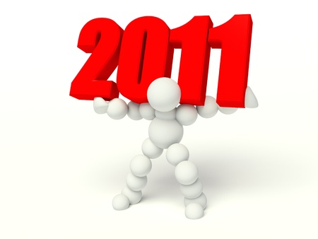 man 2011 carries on his back on a white backgroundの写真素材