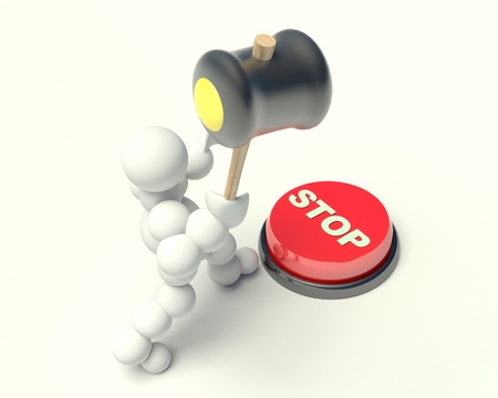 3d man with a hammer strikes the stop buttonの写真素材