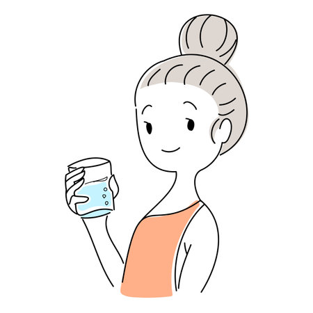 Illustration of a woman drinking water healthily in a glass with a simple and cute touchのイラスト素材