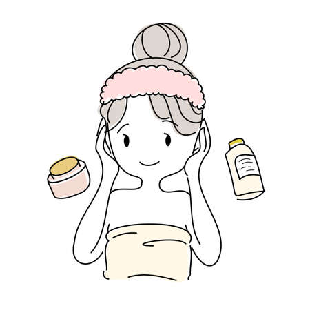 Simple and cute touch illustration of smiling woman skin care with cosmeticsのイラスト素材