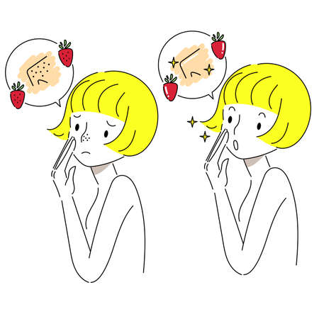 Illustration of a woman suffering from a strawberry nose and a young woman with a strawberry nose eliminatedのイラスト素材