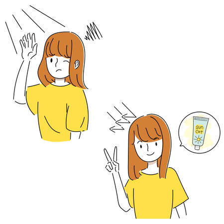 Illustration of a woman suffering from ultraviolet rays and a woman who is taking measures against ULTRAVIOLET raysのイラスト素材
