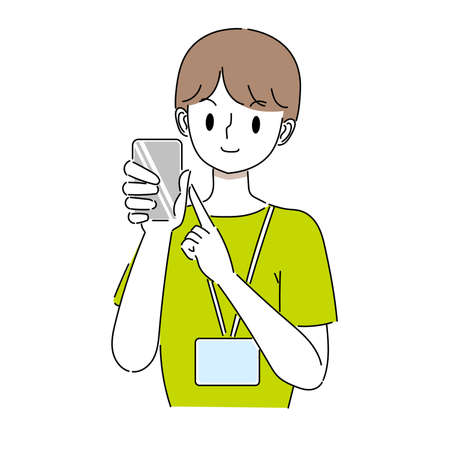 Illustration of a smiling male staff explaining a smartphoneのイラスト素材