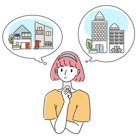 Illustration of a woman who is worried about a detached house or an apartmentのイラスト素材