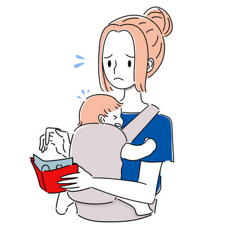 Illustration of a woman holding a baby while holding a baby and paying with cashのイラスト素材