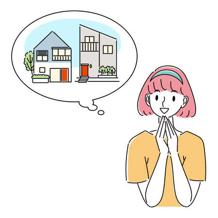 Illustration of a woman talking about the merits of living in a detached houseのイラスト素材