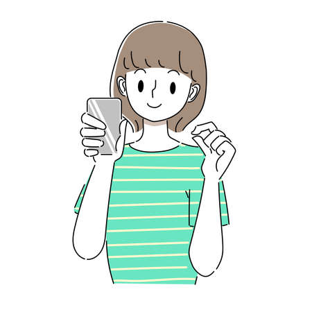 Illustration of a smiling woman holding a smartphone and okのイラスト素材