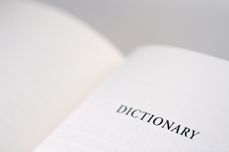 An open book with the word dictionary reading on the right page, copy space available.