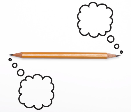 Top view of a yellow pencil sharpened on both ends with thinking bubbles, isolated on whiteの写真素材