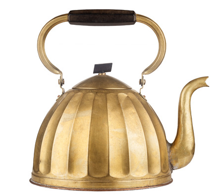 Vintage golden tea kettle isolated on white backgroundの写真素材