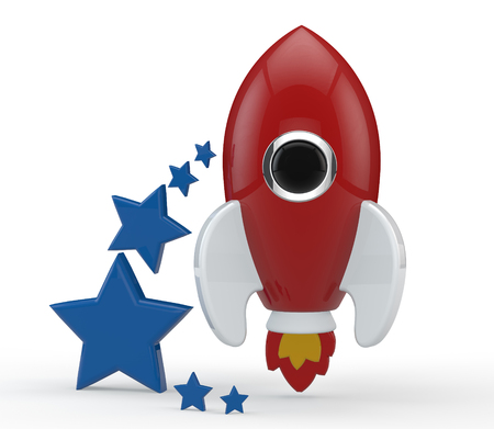3D render of a symbolic rocket with six blue stars on its left.の写真素材