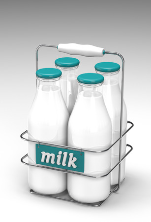 Four glass bottles of milk with light blue caps in a metal carrying case with holder and word milk written on the front on white backgroundの写真素材