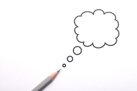 Top view of a grey pencil with a speech bubble isolated on white backgroundの写真素材