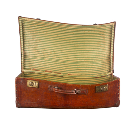 Twisted open vintage suitcase view from the front isolated on white backgroundの写真素材