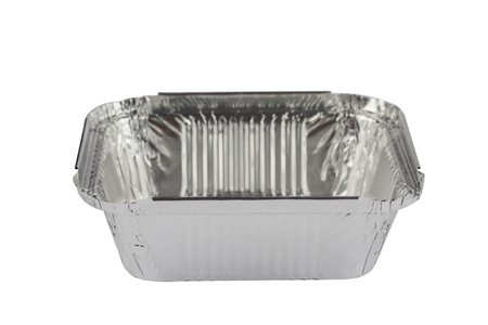 horizontal front view of an open empty aluminum meal pack isolatedの写真素材