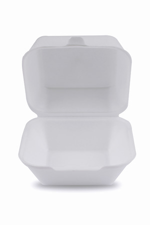 horizontal front view of an open empty white meal foam tray pack isolatedの写真素材