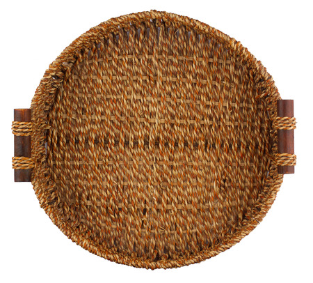 Top view of a large round empty woven wood basket with handles isolated on white backgroundの写真素材