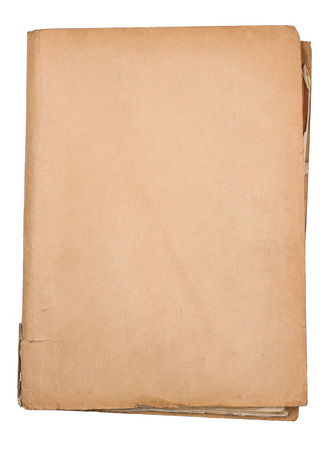 top view of closed brown and worn old paper document holder isolated on whiteの写真素材