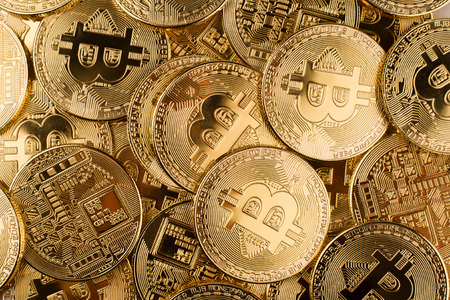 horizontal top view pile of many golden bitcoins background texture