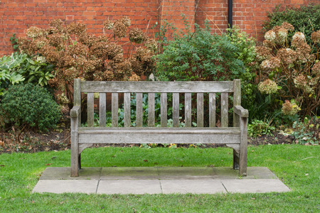 front view of wooden bench on green grass in a city park with bushes and brick wall in the...