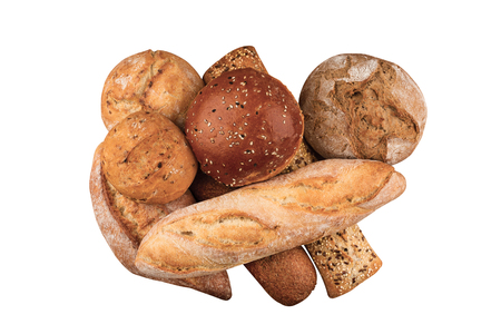 top view of different types of bread piled up isolated on white background