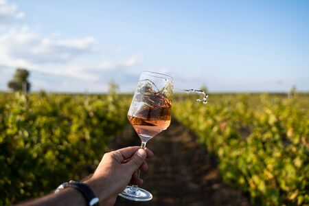 perspective point of view closeup of Caucasian male hand agitating and spilling with a splash glass of rose wine in the morning light with green vineyard and blue sky in the backgroundの写真素材