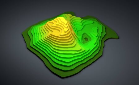3d illustration abstract closeup of colorful topographic map with green and yellow cartography gradients on grey backgroundの写真素材