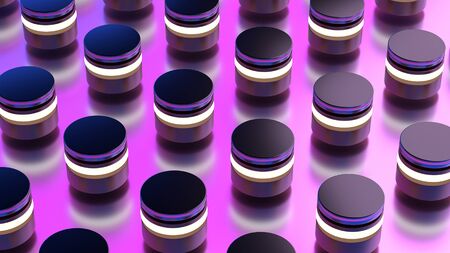 3d illustration closeup of abstract layered round shaped objects organized in a grid on pink reflective backgroundの写真素材