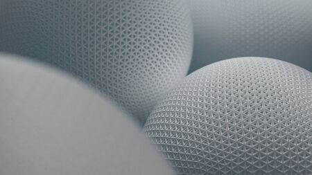 3d illustration closeup of white abstract geometric spheres with detailed triangle geometry...