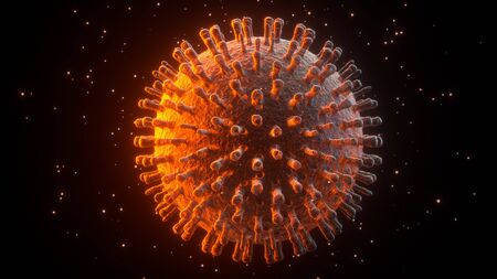 3d illustration closeup of red orange colored coronavirus with particles flowing around it on black backgroundの写真素材