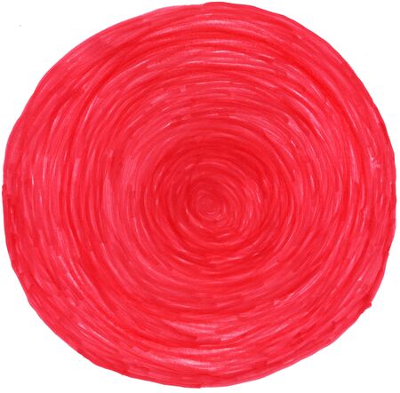 closeup of permanent red concentric marker doodle hatches texture in circle pattern white backgroundの写真素材