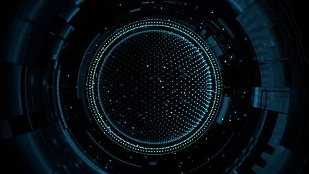 front view closeup 3d illustration of abstract dark sphere with blue neon dots patterns and dark...