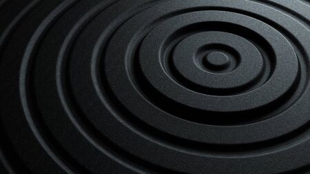 Dark black abstract pattern of concentric round shaped ripples with rough stone textureの写真素材