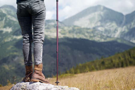 rear view of a Caucasian woman with hiking stick standing on a large stone and enjoying the view of the high summit mountains ahead on a cloudy dayの写真素材