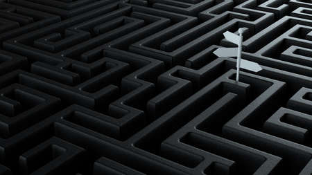 perspective view 3d illustration concept of crossroad signpost coming out of a black infinite labyrinth stretching to the horizonの写真素材