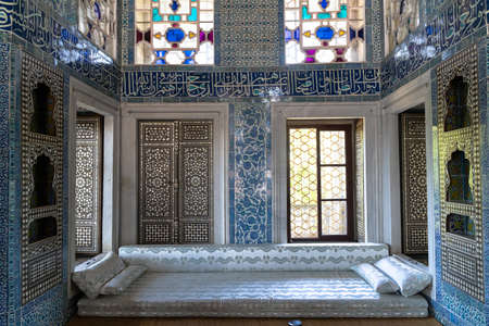 ISTANBUL, TURKEY - AUGUST 9, 2021: Luxurious decorated interior of ottoman pavilion in Topkapi...