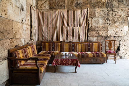PAZAR, TURKEY - AUGUST 6, 2021: Restaurant tables in the historical building of Mahperi Hatun...