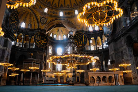 ISTANBUL, TURKEY - AUGUST 9, 2021: Empty interior of the Hagia Sophia mosque in Sultanahmet district...