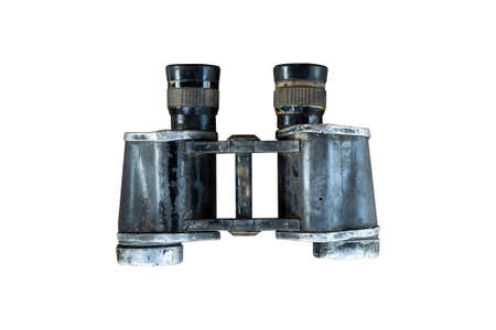 top view closeup of old vintage metallic binoculars isolated on white backgroundの写真素材