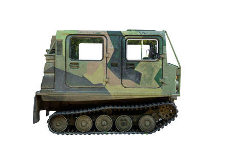 sideview closeup of vintage light military armored crawler vehicle with green camouflage painting...