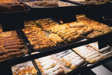 perspective view closeup different kinds of pastry in food bakery shop street window