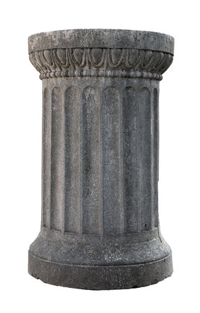 front view closeup of small architectural antique stone pillar column with pedestal isolated on white backgroundの写真素材