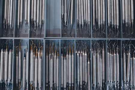 top view closeup of row of many basic stainless steel dental tools supplies on display in medical...