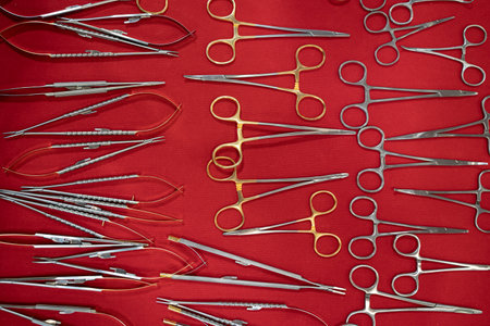 top view closeup of row of medical scissors and other basic stainless steel dental tools supplies on red fabric backgroundの写真素材